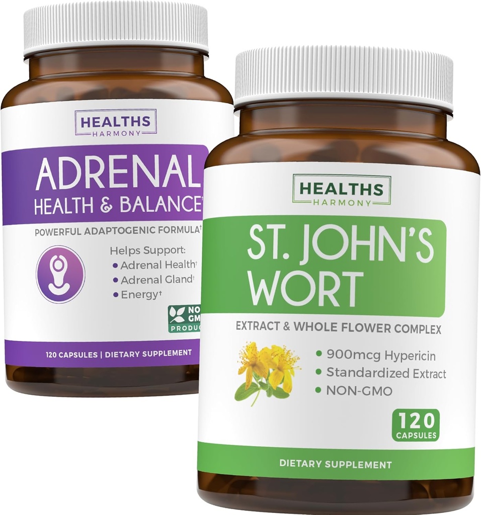 Adrenal & St. John's Wort (4-måneders forsyning) Mood Harmony Pack - Adrenal støtte med L-tyrosin (120 kapsler) & St. John's Wort med Powerfil 900mcg Hypericin 500mg per kapsel (120 kapsler)