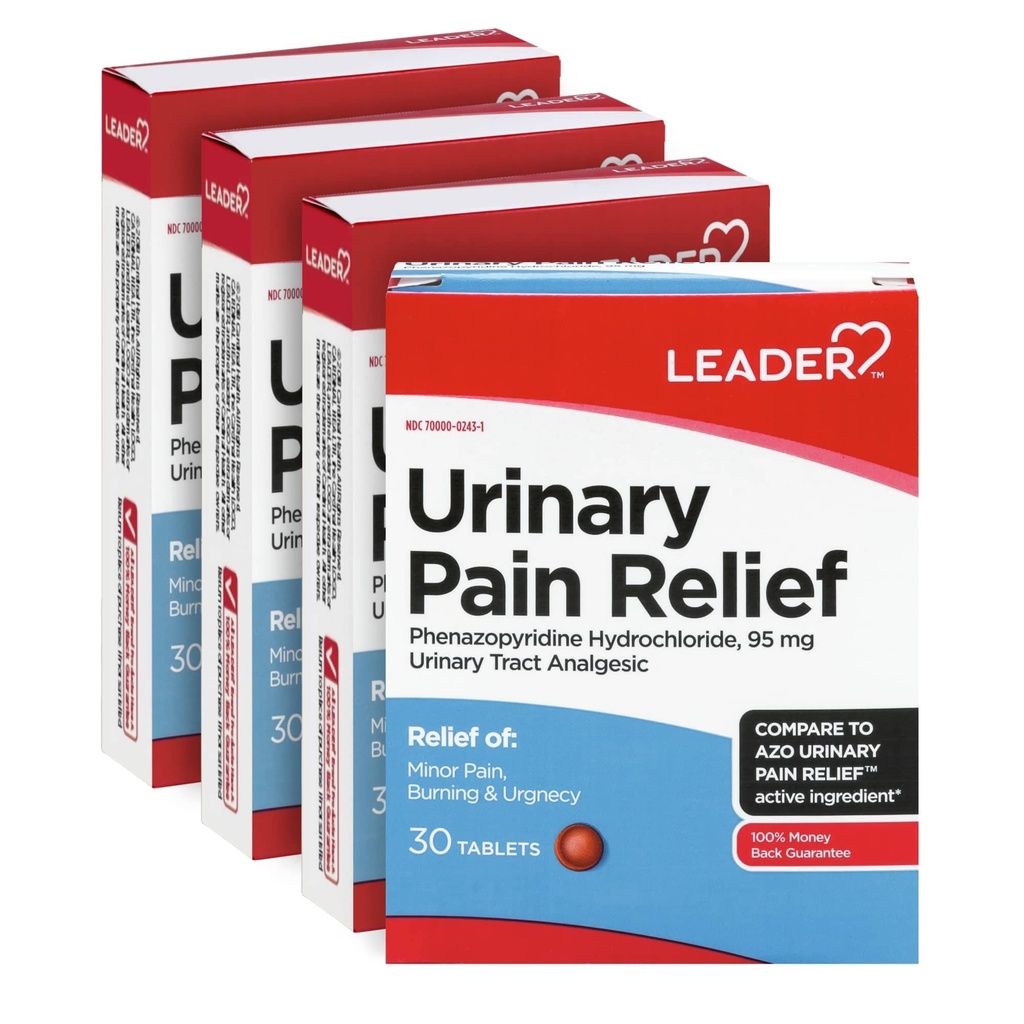 LEADER urin smerte lindring maksimal styrke, rask relieff av uti smerte, brann og urent, urinveis infeksjon relief, Phenazopyridin hydroklorid 95 mg, 30 tabletter, 4-pakker