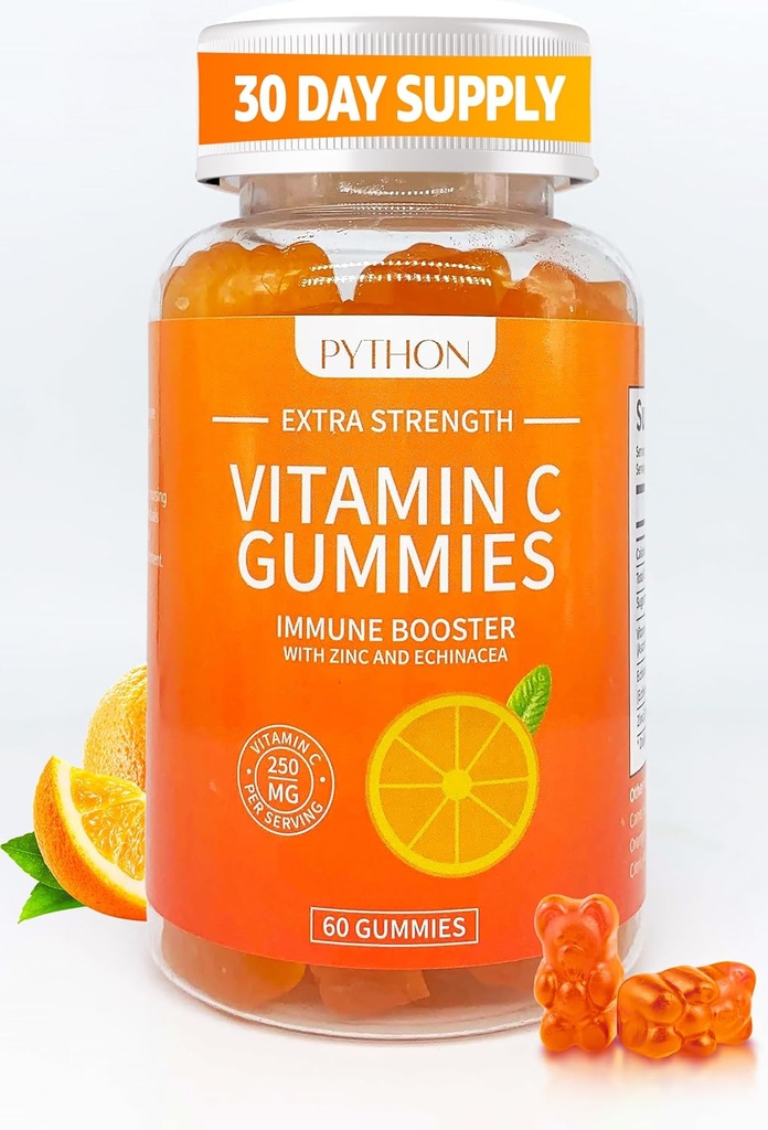 Python Vitamin C + Echinacea Supplement for immunitet og lunge helse, støtter kollagenproduksjon, hudhydrasjon, immunitet og helse, 60 Vegan Gummy Chews for voksne og barn - 1 måneds forsyning