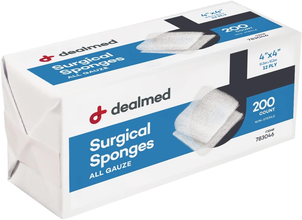 Dealmed 4" x 4" Kirurgiske sponger, 12-Ply, Absorbent Woven Gauze Pads, ikke-steril sårbehandling for førstehjelp Kit og medisinske fasiliteter, 200 greve (pakke med 1)