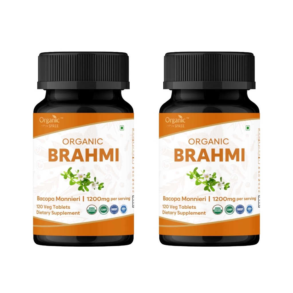 Brahmi 120 tabletter – USDA Organic Bacopa Monnieri Supplement – støtter fokus, ro og minne – Herbal Nootropic * - Pakke med 2