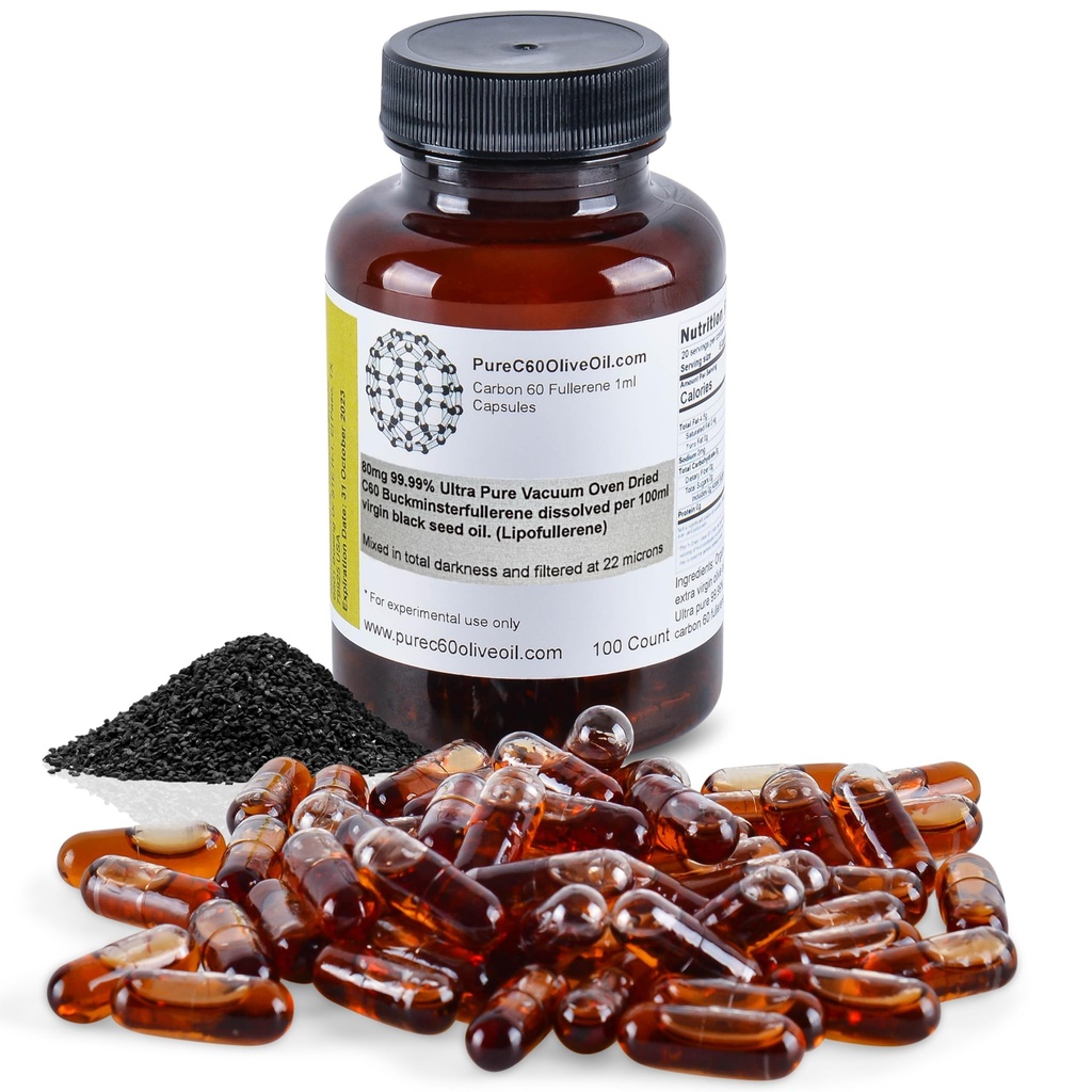 C60 Organic Black Seed Oil Capsules piller 100ml / 3.4 Fl Oz - 99.99% Carbon 60 løsningsmiddel Gratis 80 mg - Mat klasse - Carbon 60 Black Seed Oil - fra den ledende globale produsenten