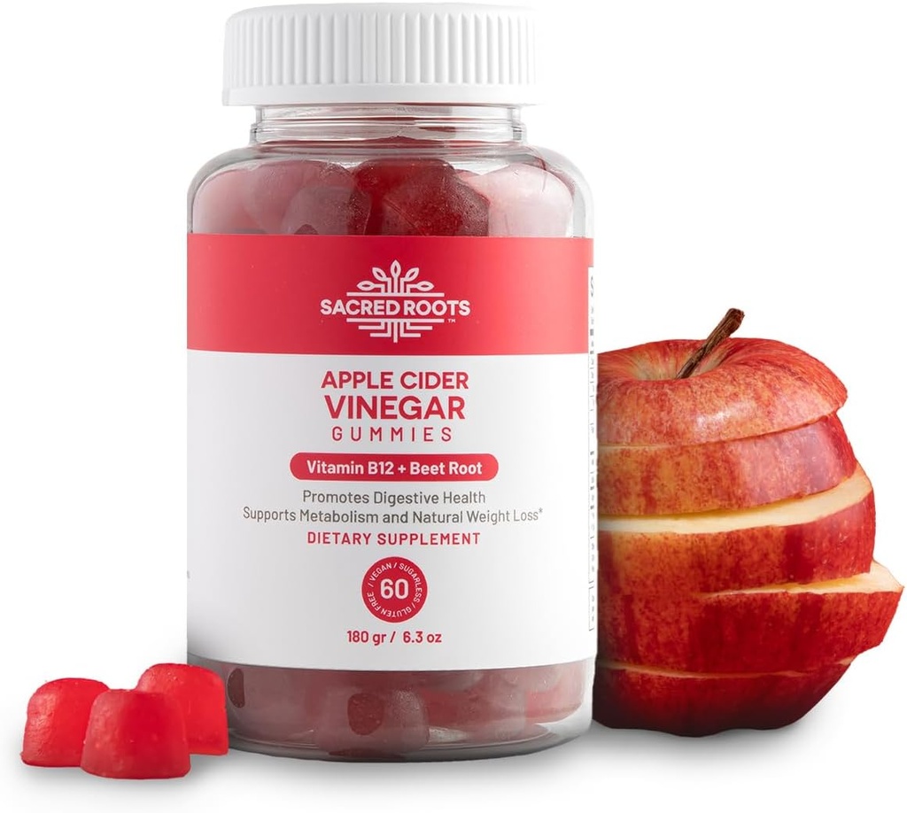 Apple Cider Vinegar Gummies - Sugar Free Apple Cider Gummies med vitamin B12 og beetrot pulver - Vegan, ikke-GMO & Glutenfri, laget i USA (30 Serveringer)