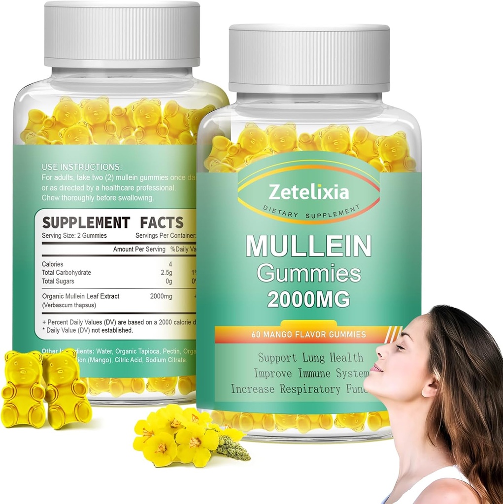 2 Pack Mullein Gummies - Mullein Leaf Ekstrakt for Lungs,Lung Detox Cleanse for røykere,Mullein Lung støtte Supplement for immunstøtte,Mucus Relief,120 Sukkerfri Vegan Gummies