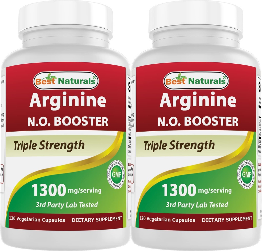 Beste Naturals L-Arginine NO Booster trippel styrke 1300 mg Servering 120 Veg Kapsler (120 greve (pakke med 2))
