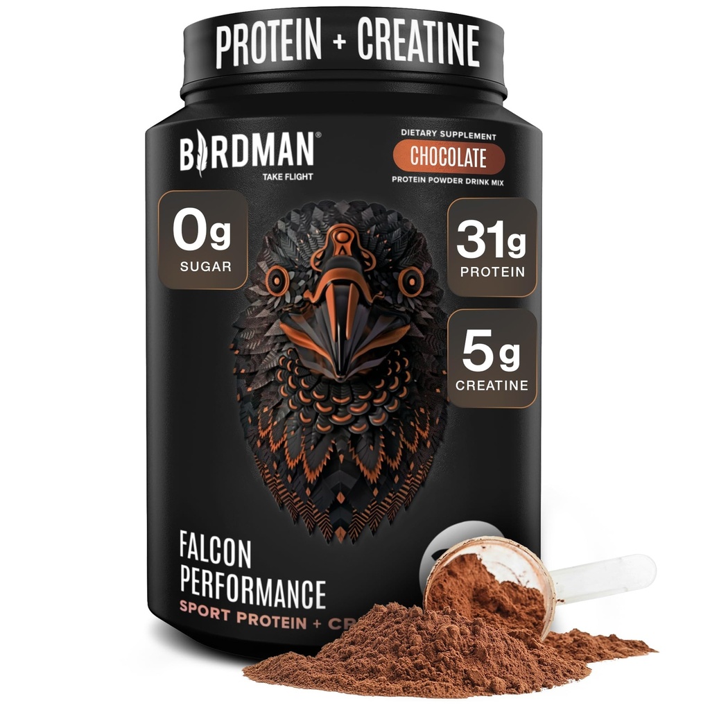 Birdman Falcon Performance Vegansk Protein pulver, 31g Protein, 5g Kreatin, 5g BCAA, Probiotika, Elektrolytter, Før trening, Lavkarbohydrater, Sukkerfri & Dairy Free, Plantebasert sjokoladeprotein -19 porsjoner