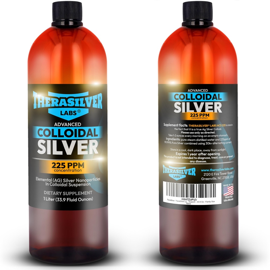 TheraSilver-TheraSilver Labs ACS 225-Advanced Colloidal Silver Liquid-225 PPM-Pure Bioactive Nano Partikler for immunstøtte-32 Oz-Familiestørrelse