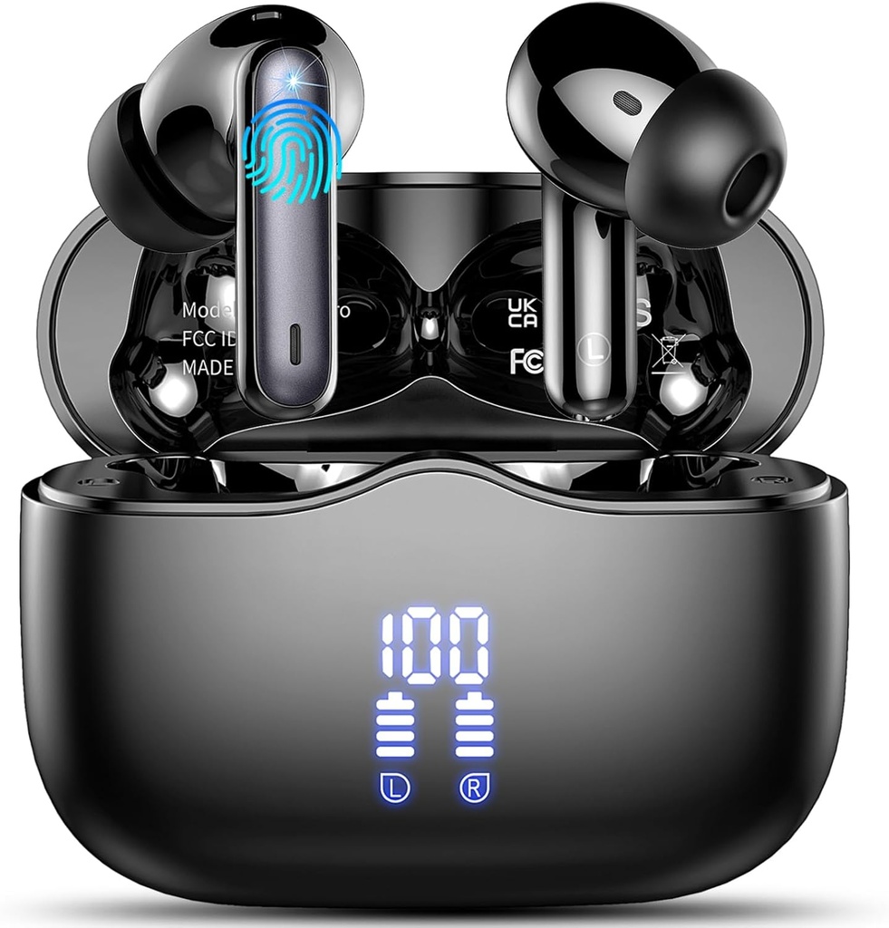 Trådløse ørepropper, Bluetooth 5.3 Hodetelefoner i øret med 4 ENC-støy som kansellerer mikrofon, HiFi Stereo Deep Bass trådløse øretelefoner 40H Playtime, i øret ørepropp Bluetooth Dual LED Display IP7 Vanntett, USB-C