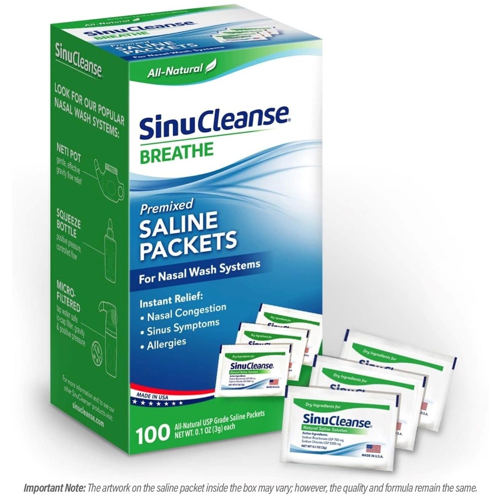 SinuCleanse Pre-Mixed saltpakker for Sinus renser og nasal irrigasjonssystemer, 100 count, laget i USA, all-natural, farmasøytisk grad og PH Balanced