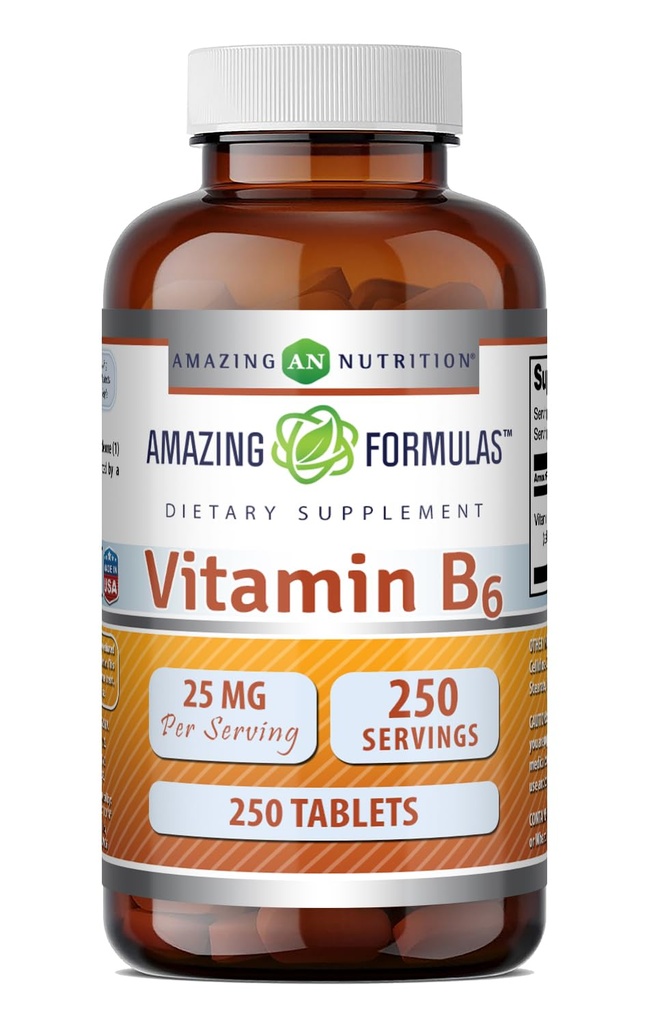 Amazing Formler Vitamin B6 Pyridoxin 25mg 250 Tabletter Supplement Ikke GMO | Glutenfri | laget i USA