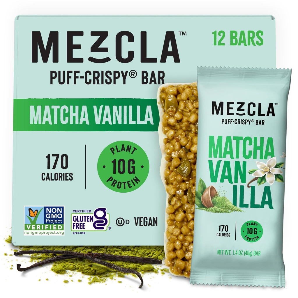 Mezcla Puff Crispy Protein Bars, Glutenfri og Vegansk Protein Bars, 10g Protein, Alt for Crispy Rice Treat, Granola Bars & Breakfast Bars, Sunn Snacks for voksne, Matcha Vanilla, 12 Pack