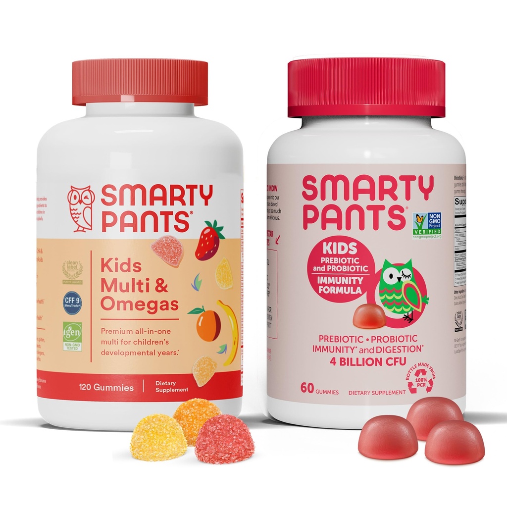 SmartyPants Kids Multivitamin Gummies and Probiotic Immunity Bundle: Omega 3 Fish Oil (EPA / DHA), vitamin D3, C, vitamin B12, B6, Digestiv og immun støtte Supplement (30 dagers forsyning)