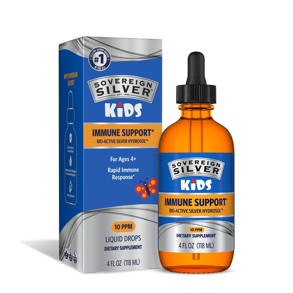 Suverene sølv barn immunstøtte - kolloidal sølv, bio-aktiv sølv hydrosol, 10 ppm, flytende dropper, 4 fl Oz, (118 ml)