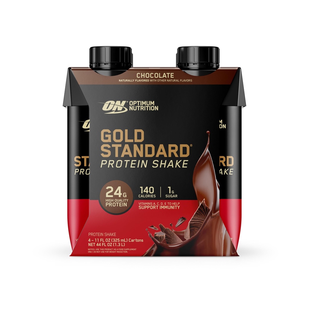 Optimum Nutrition Gold Standard Protein Shake, 24g Protein, Klar til å drikke Protein Shake, Glutenfri, Vitamin C for immunstøtte, sjokolade, 11 Fl Oz, Pakke med 4 (Packing May Vary)