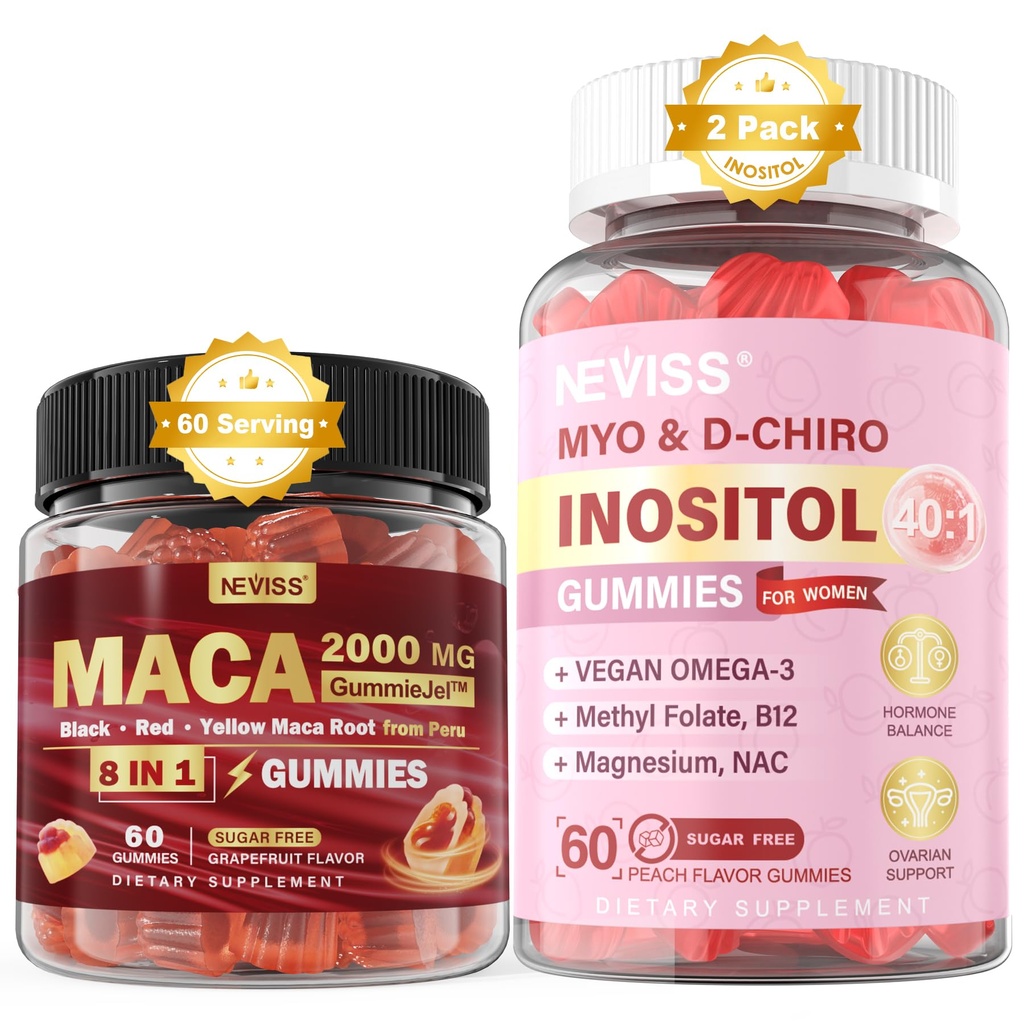 NEVISS Sukker Gratis 1Pack Maca Root Fylt Gummies & 2Pack Myo-Inositol & D-Chiro Inositol Gummies