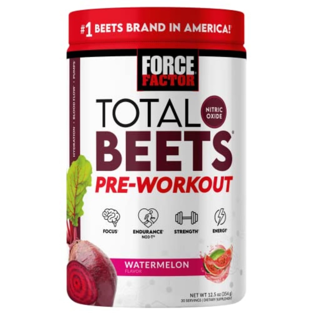 FORCE FACTOR Total betes pre-workout pulver for å øke energi og utholdenhet, øke styrke og forbedre blodstrøm og pumper, nitrogenoksid Supplement med beet rot pulver, vannmelon, 30 serveringer