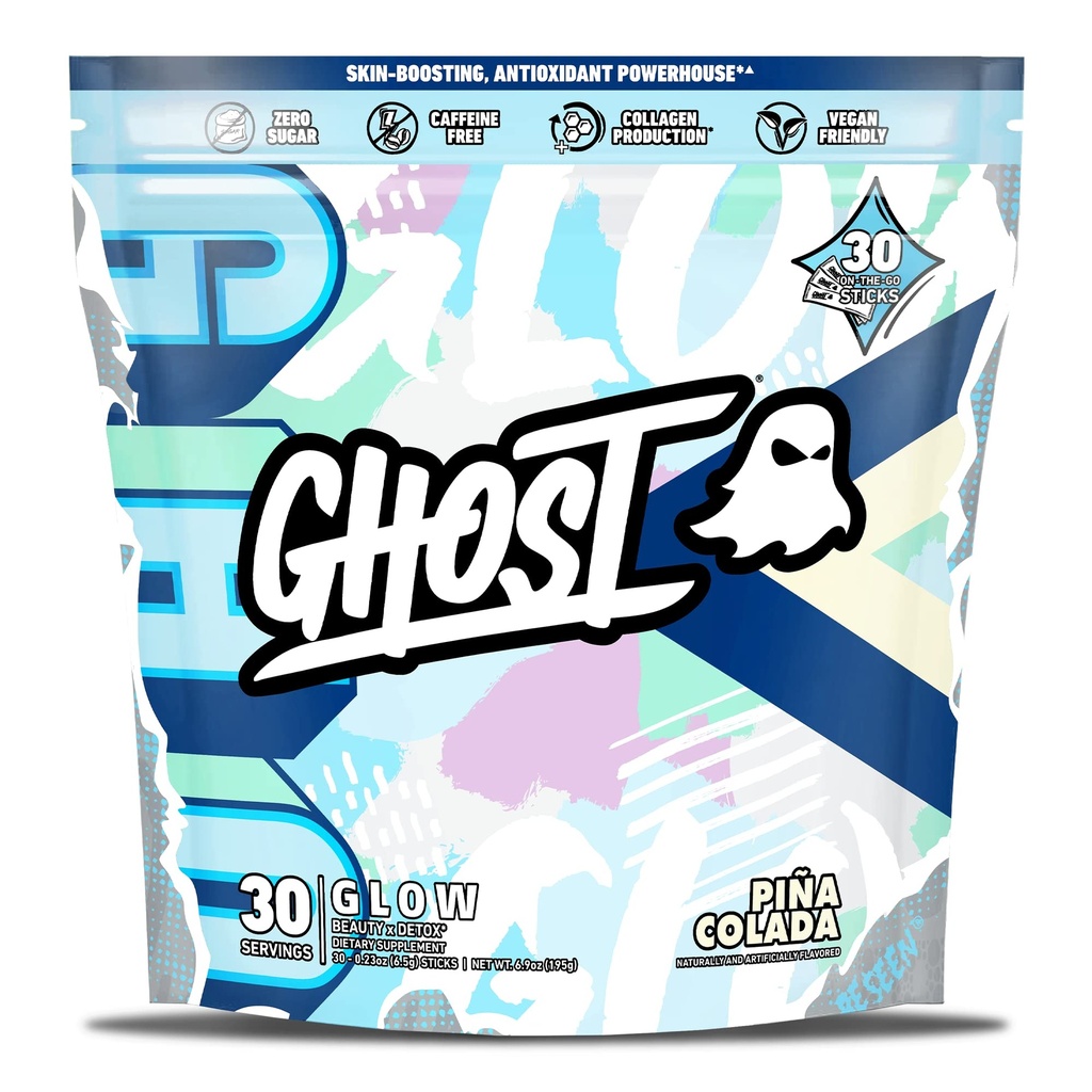 GHOST Glow Sticks: Skjønnhet og Detox Supplement - 30 On-The-Go Stick Packs, Pina Colada - Hyaluronsyre, Biotin & L-Theanine for hud-Boosting Support - Sukkerfri, Glutenfri