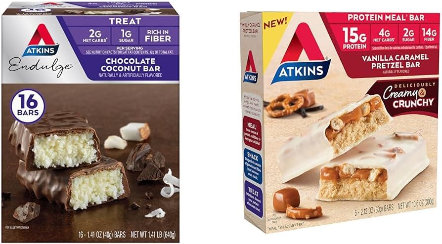 Atkins sjokolade kokos bar 16 greve, Vanilla Caramel Pretzel proteinmåltid Bar 5 greve