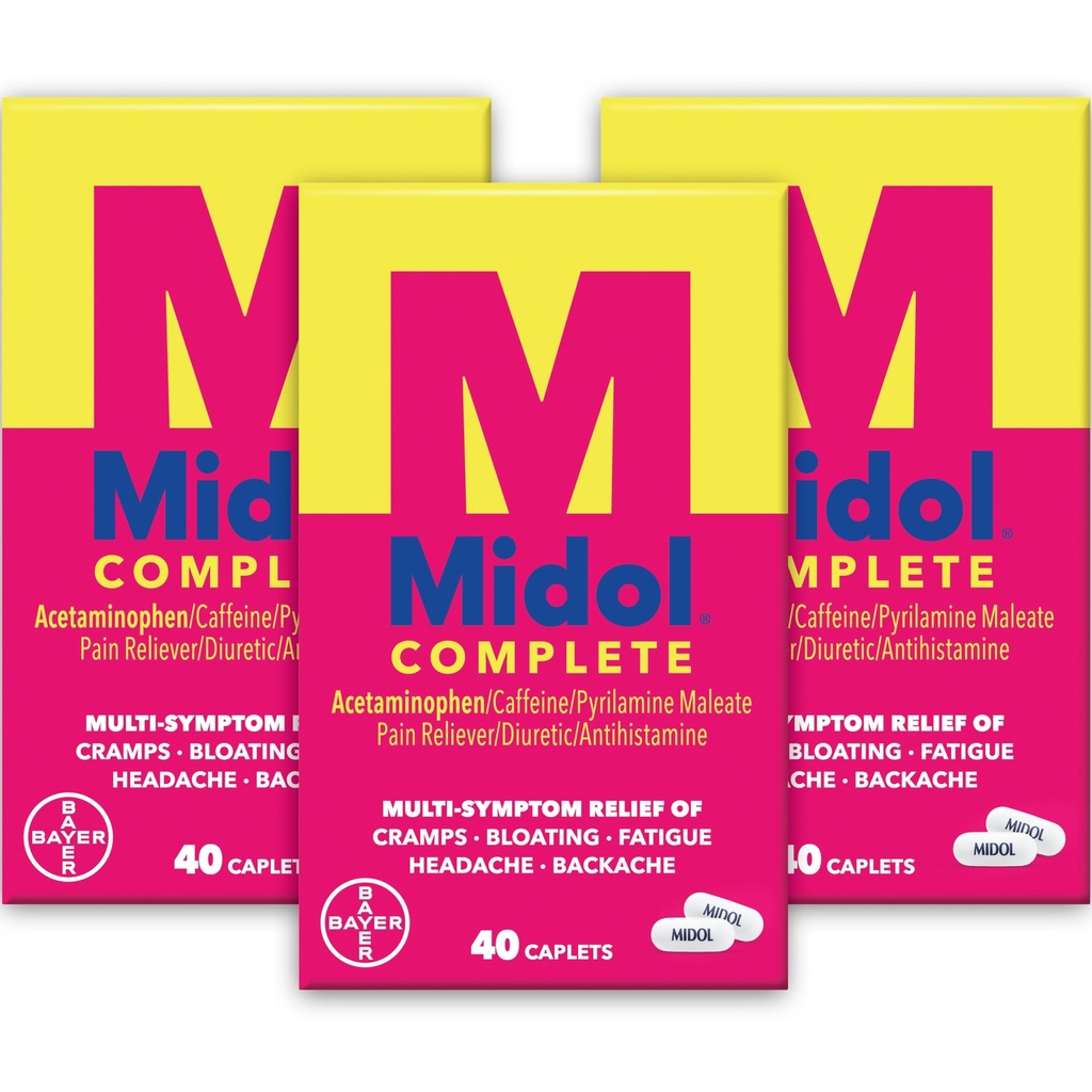 Midol komplette menstruasjonssmerter relief Caplets med acetaminophen for perioden Cramps, og Menstruell Symptom Relief - 40 greve (Pack of 3) (Packing May Vary)