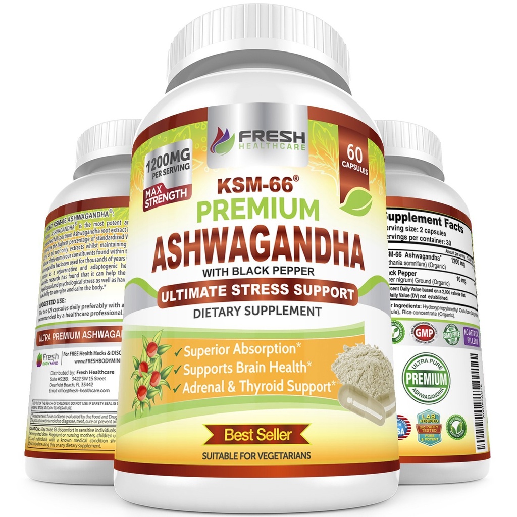 FRESH HealthyCARE Ashwagandha Kapsler KSM-66 1200 mg ren rotekstrakt med svart pepper for høy absorpsjon - Potent Ashwagandha Supplement - 60 Vegan Kapsler