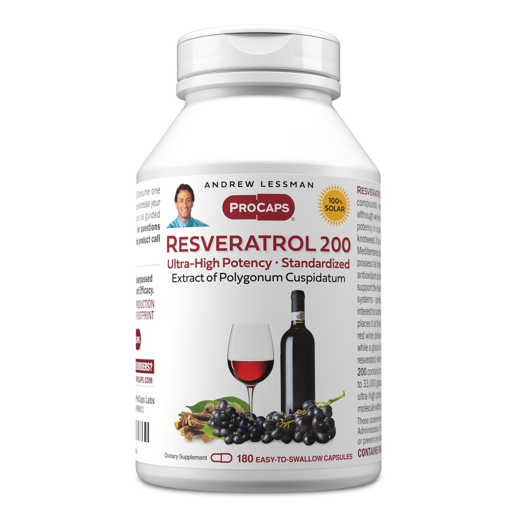 ANDREW LESSMAN Resveratrol-200mg - 180 kapsler - rødvins godbit, naturlig forekommende anti-oksidant, uten alkohol. Tilsetninger Gratis