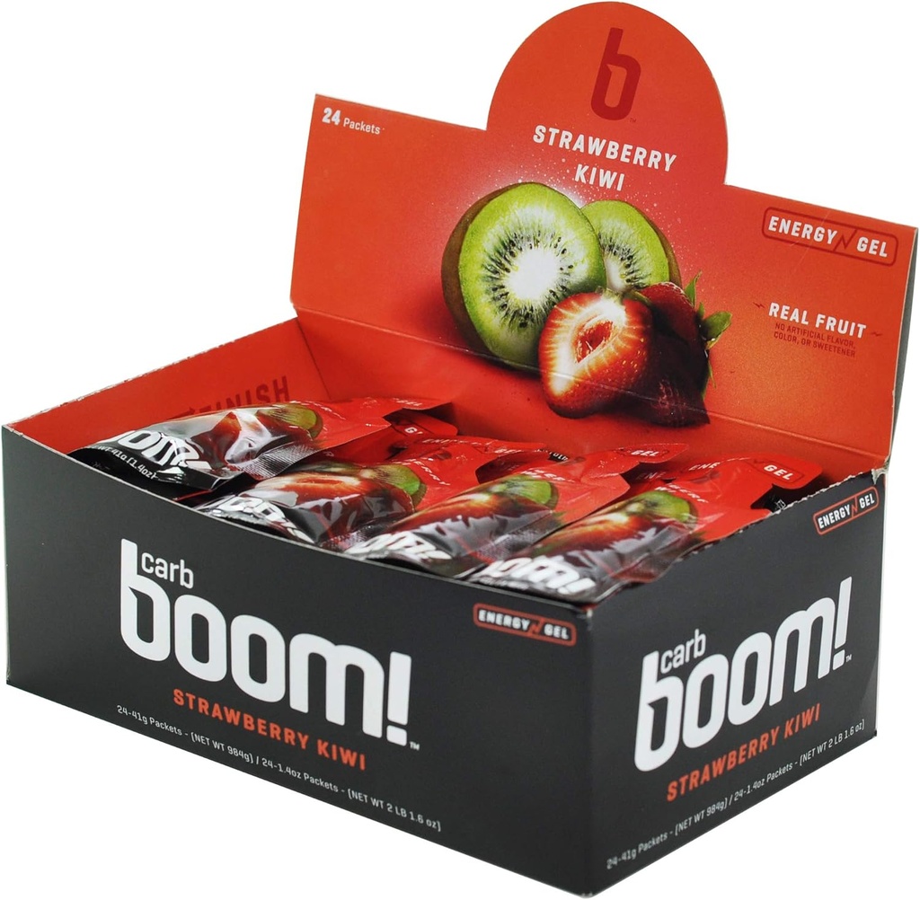 Boom Nutrition - Carb Boom Energy Gel - Fruit-Flavored Energy Gels - Workout Gel - Energy Gel for Sykling - Running Gel - Natural Energy Gel - Jordbær Kiwi (24 Pack)