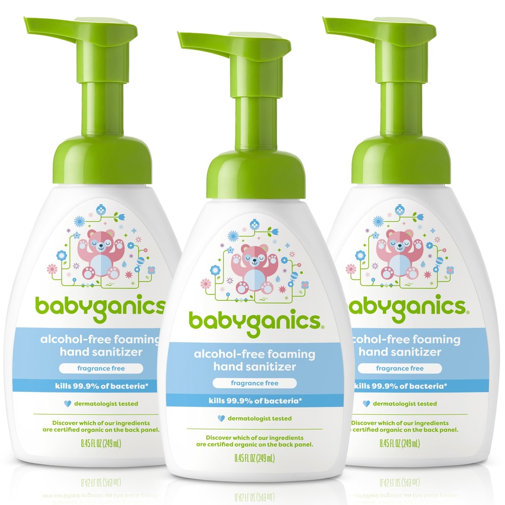 Babyganikk alkoholfri skumring hånd sanitator, pumpe flaske, fragrance gratis, 8.45 oz, 3 pakke