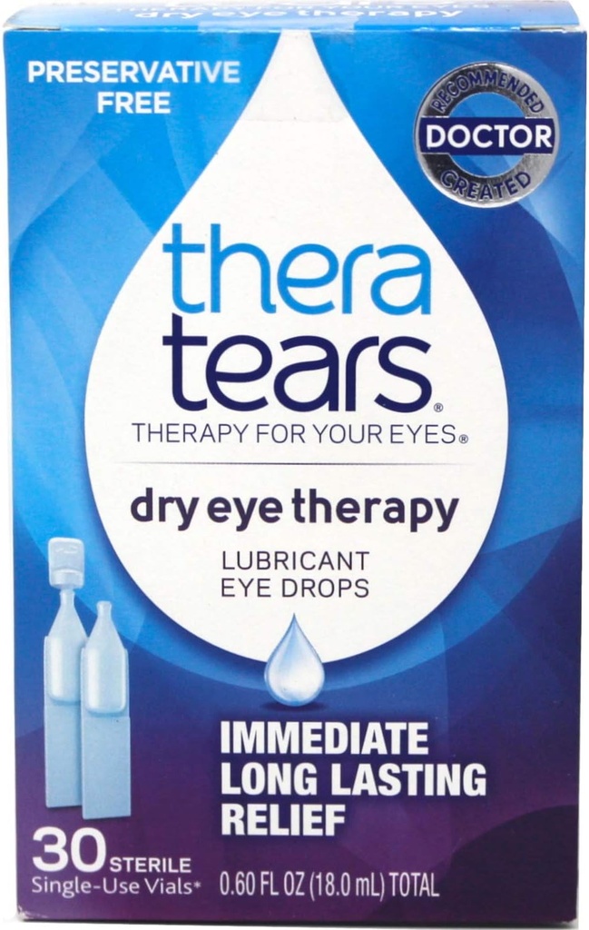 TheraTears Øyedråper for tørre øyne, Tørr Øyeterapi Lubricant Øyedråper, Preservativt gratis, 30 greve Enkeltbruks Vidaler