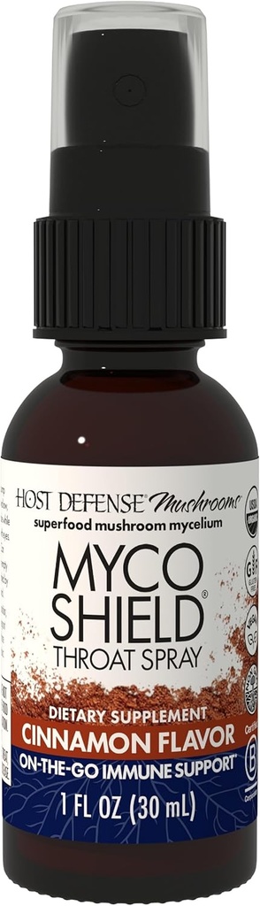 Host Defense MycoShield Throat Spray - Immune Health Support - Dietary Mushroom Supplement med Chaga, Reishi, Tyrkia Tail og mer - On-The Go Immune Support - Cinnamon Flavor, 1 oz (71 Serveringer)*