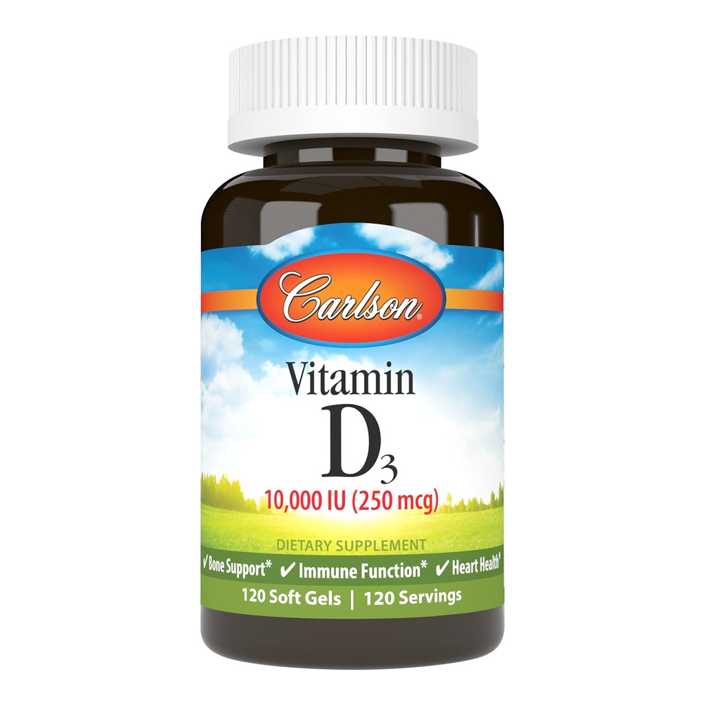 Carlson - Vitamin D3, 10000 IU (250 mg), vitamin D-tilskudd, bein og immun støtte, vitamin D3 Softgels, hjertehelse, glutenfri vitamin D-kapsler, 120 Softgels