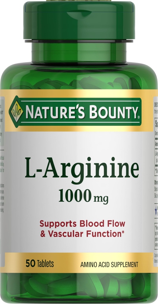 Naturens Bounty L-arginin 1000mg for å støtte blodflyt og vaskulær funksjon - Ikke-GMO, Glutenfri, 50 tabletter