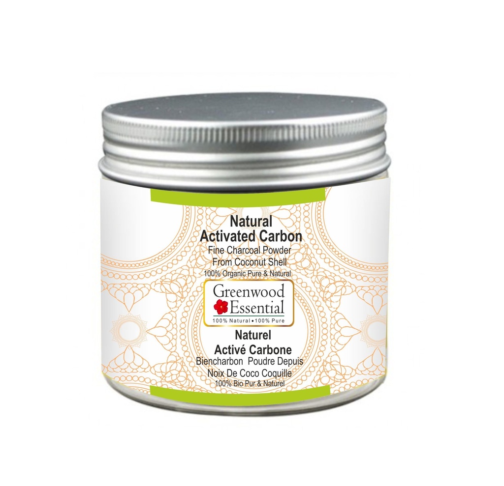 Greenwood Essential Naturlig Aktivert Carbon Fine Charcoal pulver fra kokosnøtt skall 100% organisk ren og naturlig 100gm (3,5 oz)