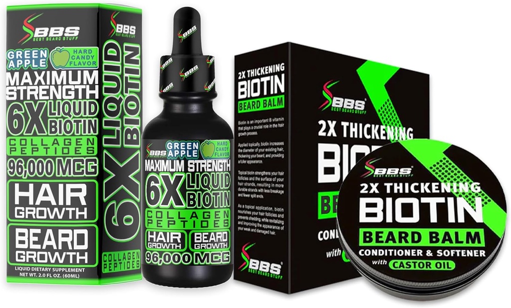 Skjeggvekstsett w/ 2X Tykking Biotin Skjegg Balm & Mustache Wax + 6X Flytende Biotin med collagen peptider for ansiktshårvekst - Formulert i Amerika