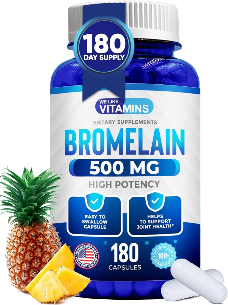 Vi liker vitaminer Bromelain 500mg kapsler - 1200 GDU/Serving - Bromelain Supplement fra Pineapple Extract - Proteolytiske Enzymer for digestion, absorpsjon, leddsmerter, muskelsorg - 180 Kapsler