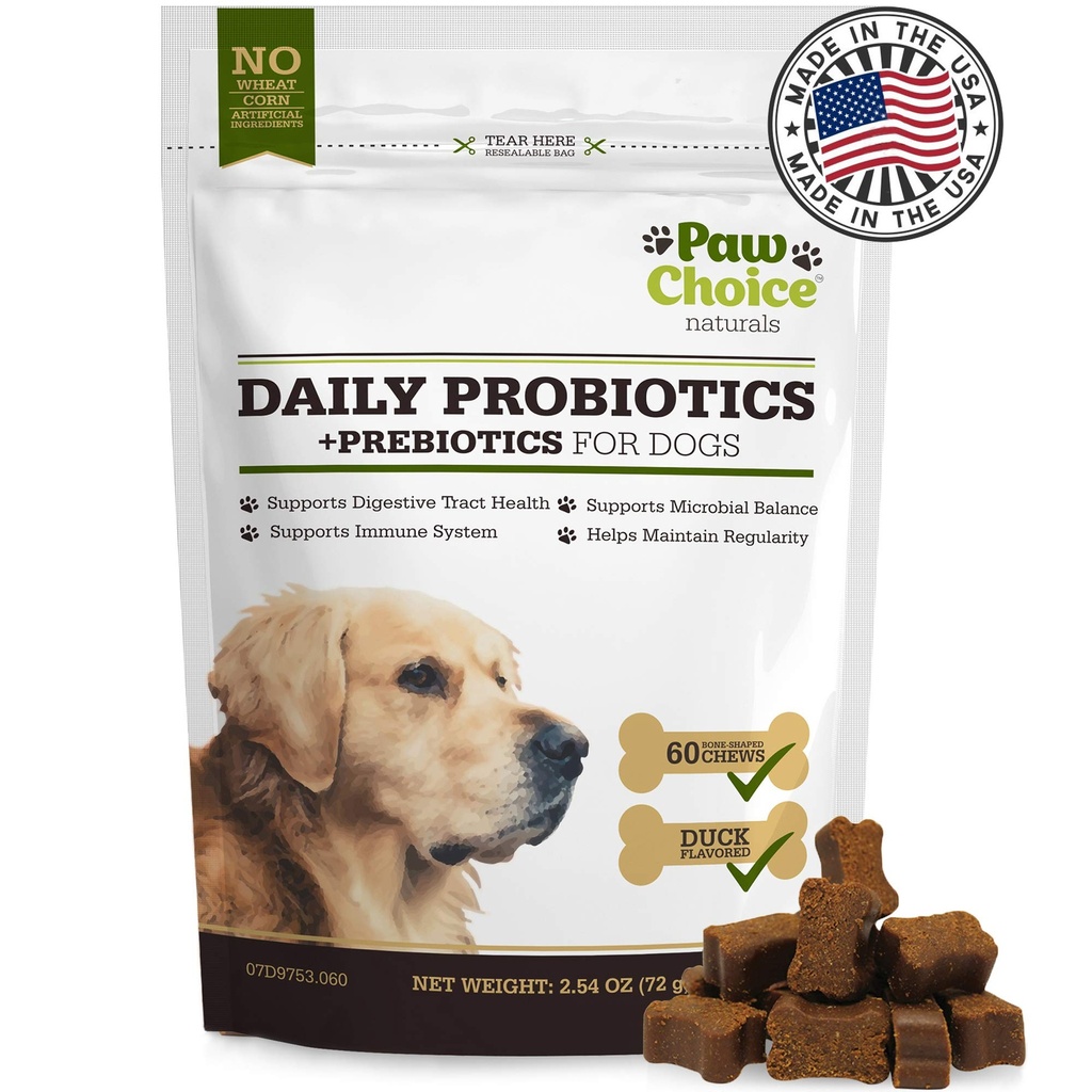 Paw Choice Probiotika for hunder med prebiotika - Daglige Chews for Gut Helse, Digestion, Regelmessighet og immunstøtte - Naturlig Supplement Treat laget i USA