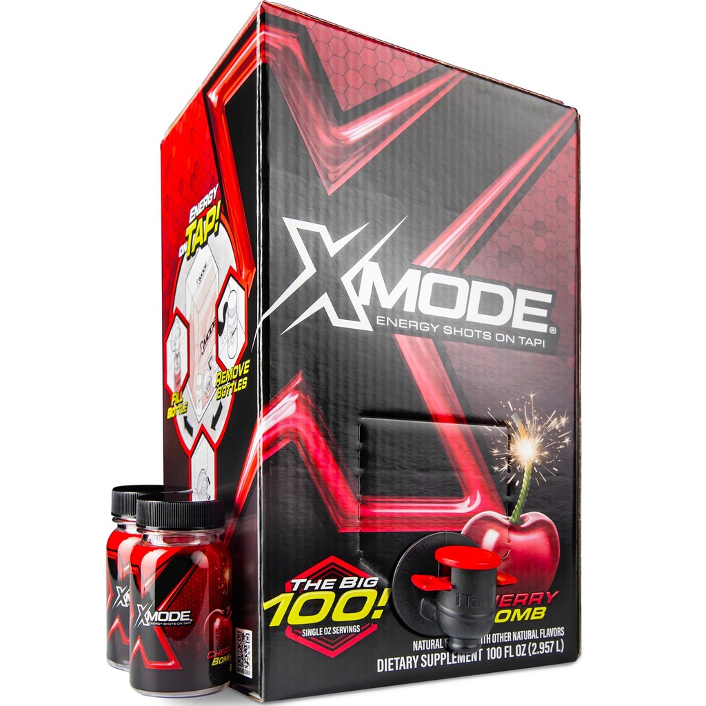 XMODE ekstra styrke energi bilder på trykk - Cherry Bomb Flavor, sukker gratis, 150mg koffein per oz, B12, 100 (1oz) servering, dispenser med 2 fyllelige flasker
