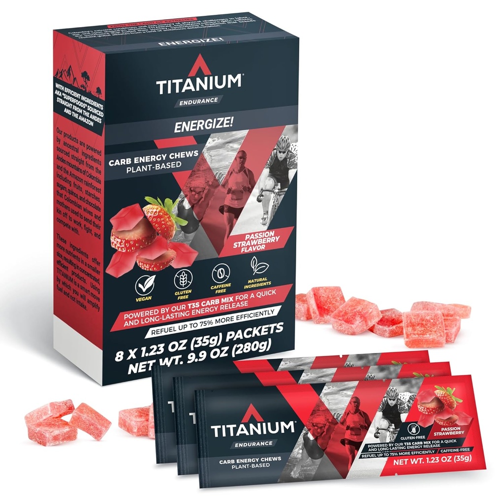 TITANIUM Energi Chews for løp, sykling - Plantebasert naturlig utholdenhet Energi Gummier å re drivstoff - Energi kosttilskudd - Preworkout Snack Bloks - raskere enn energi Gels - Ingen kaffe - 8 count