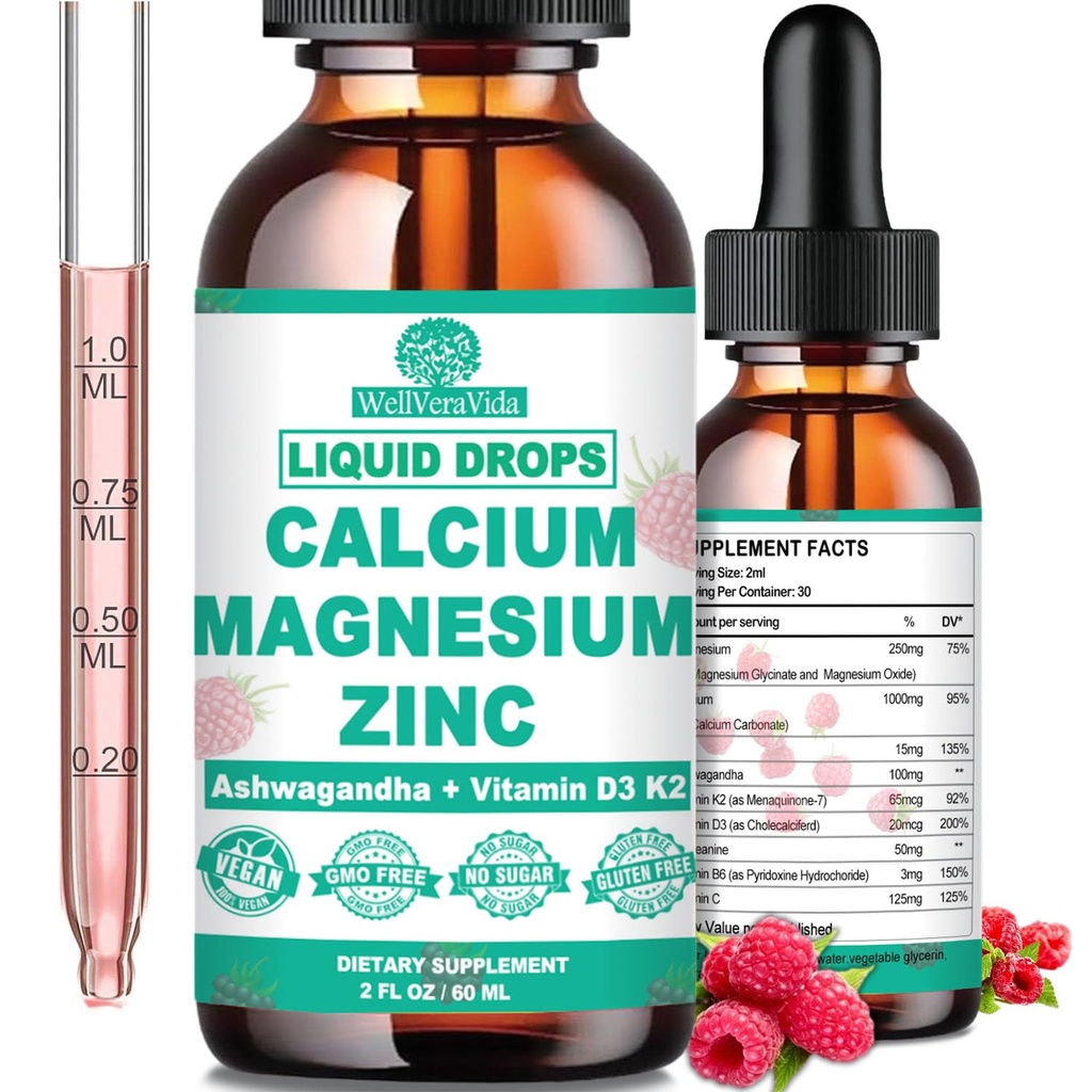 Kalsium Magnesium Zink D3 med rolig magnesiumglycinat Plus Ashwagandha, L-Theanin, flytende kalsium med vitamin D3 og magnesium Supplement for immun, bein, muskel, humør og søvn støtte
