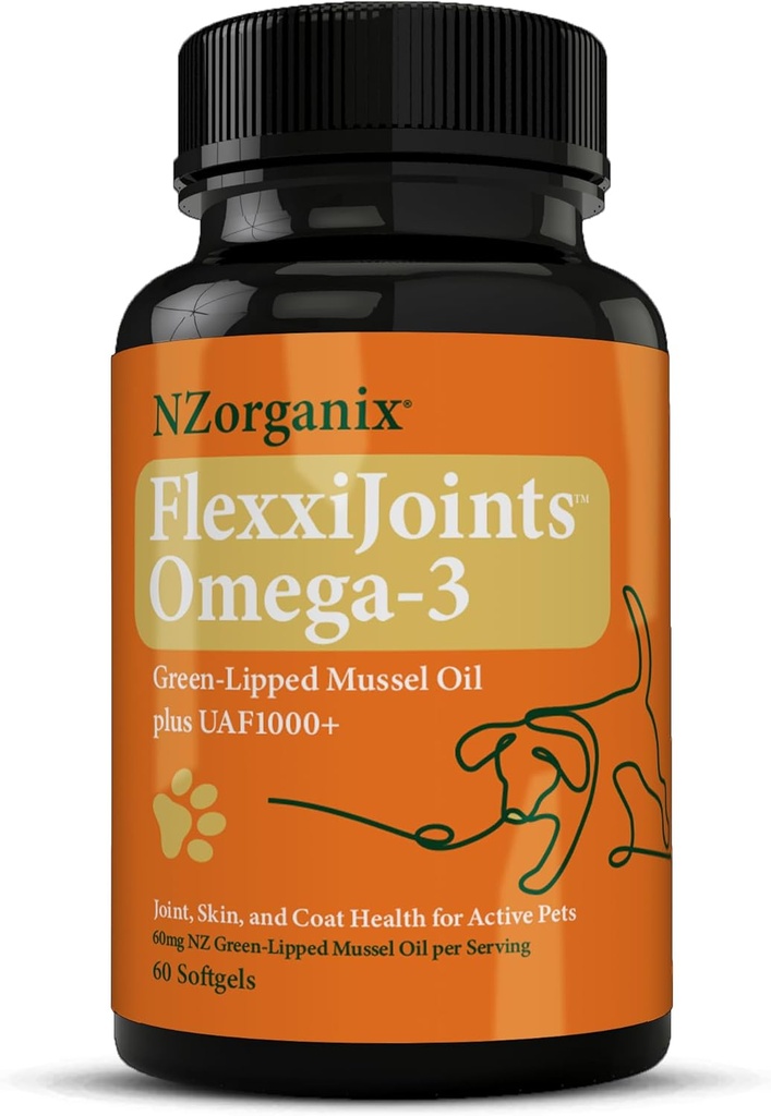 FlexxiJoints Omega-3 Hip og Joint Supplement - Grønn-Lipped Mussel Omega-3 Olje for hunder - 100% New Zealand Grønn-Lipped Mussels (60 Softgels)