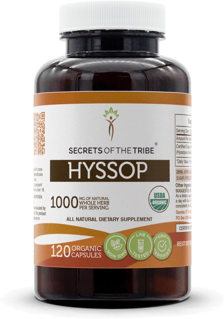 Hemmeligheter av Tribe Hyssop USDA Organic Capsules | Certifiserte organiske vegetariske kapsler, Herbal kosttilskudd | Hyssopus officinalis tørket urt (120 greve)
