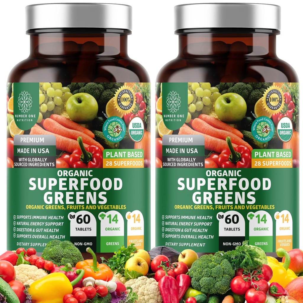 2-Pack N1N Premium organisk grønn supermat, frukter og grønnsaker [28 kraftige ingredienser] Naturlig Supplement med Alfalfa, Beet Root & Tart Cherry for energi, immunitet, Digestion, 120 Ct