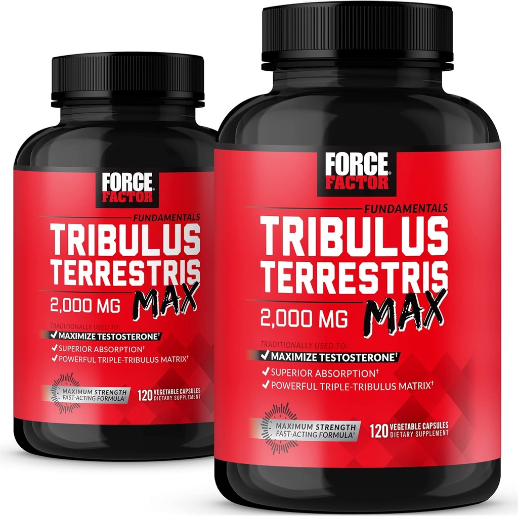 FORCE FACTOR Tribulus Terrestris Max for menn 2-Pack, Testosteron Booster, Mann Vitality Supplement, laget med viktige naturlige ingredienser Superior Absorpsjon, 2000mg, 240 kapsler, rød
