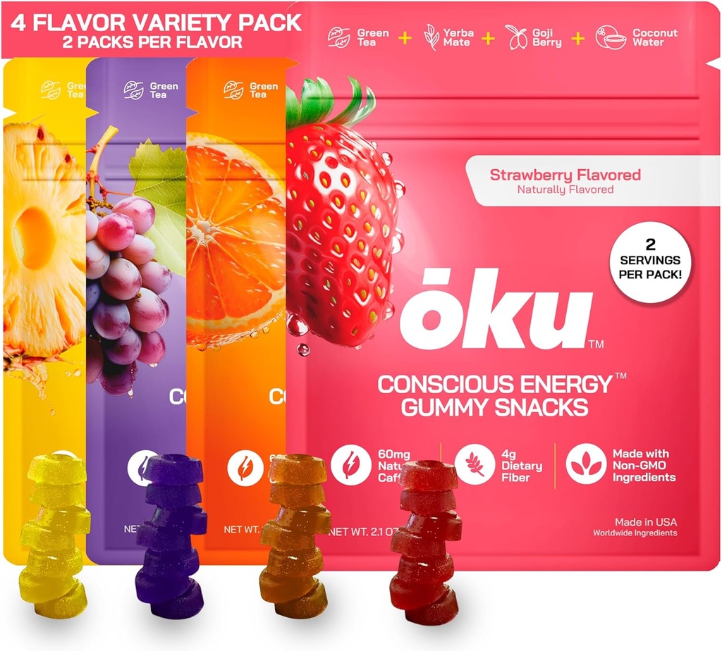 ōku Energi Chews - Energi Gummies w/Naturlig Koffein fra grønn te | Yerba Mate, Kokosvann for Hydrasjon, 4g Fiber Gummy, Ikke-GMO | Running, Sykling, On-The-Go Snacks, Variety Pack (8-Pack)