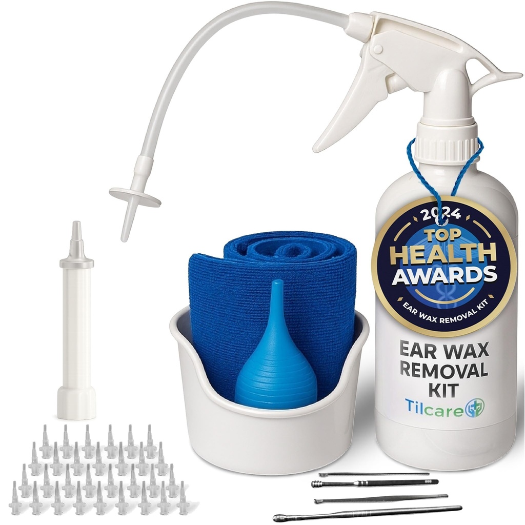 Ear Wax fjerningsverktøy ved Tilcare - Øre-irrigasjon Flushingsystem for voksne og barn - Perfekt ørerensesett - Inkluderer basseng, syringe, curettesett, håndklær og 30 disponerbare tips
