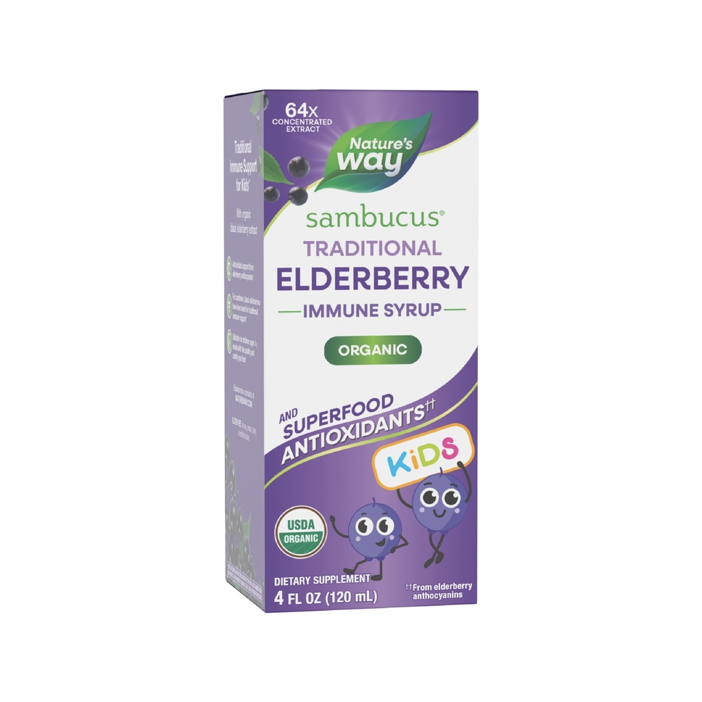 Naturens måte Sambucus Elderberry Tradisjonell immunsyrup for alderen 1+, Tradisjonell immunstøtte*, Antioksidant støtte*, Black Elderberry Extract, USDA sertifisert organisk, 4 Fl Oz