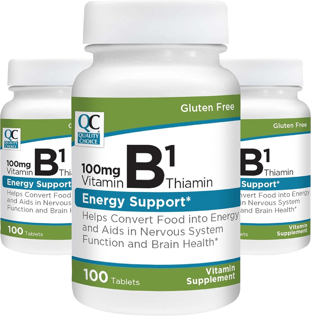 Kvalitetsvalg Vitamin B1 Thiamin 100 mg Energistøtte, nervesystemfunksjon, & Helse Helse Vitamin Supplement Tabletter, 100 greveflasker (3 Pack)