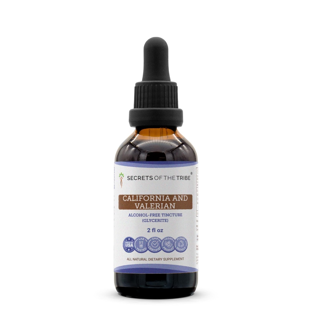 Hemmeligheter i Tribe California og Valerian Tincture alkoholfri utdrag, urter (California Poppy Herb og Blomster, Valerian Root) 2 oz