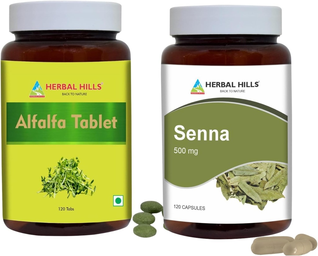HERBAL HILLS Alfafa tablett og Senna Leaf kapsler pakke med 2 Combo