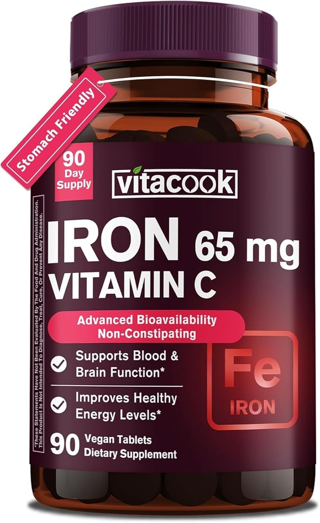 Jern Supplement for kvinner menn høy styrke jern 65mg med vitamin C 250mg | Magevennlig jern piller for rød blodcelle og immun støtte | Vegansk, ikke-GMO & Glutenfri | 90 tabletter