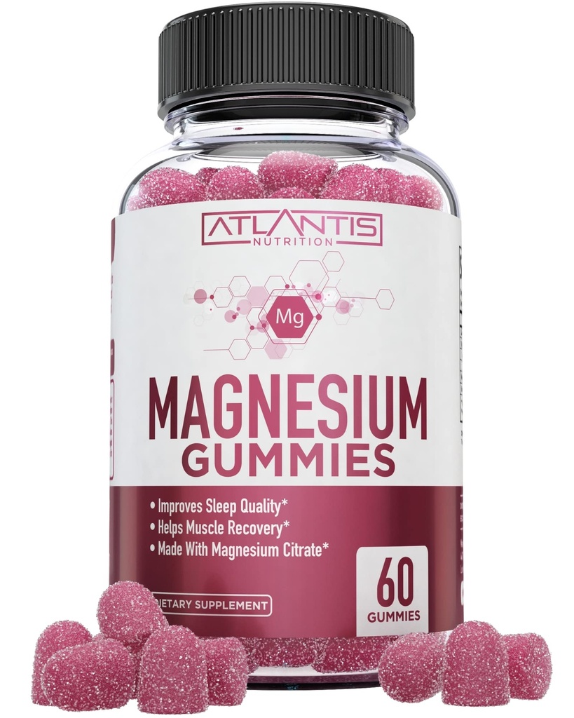 Atlantis Ernæring Magnesium Citrate Gummies – 770 mg Magnesium Citrate for barn og voksne | Støtter muskelgjenvinning, Eases Cramps, fremmer ro og bedre søvn | 60 Vegan Gummies